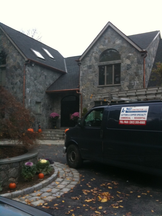 AZ Best Roofing self-sustainable  1/2 round copper gutters and leaders Bedford NY 